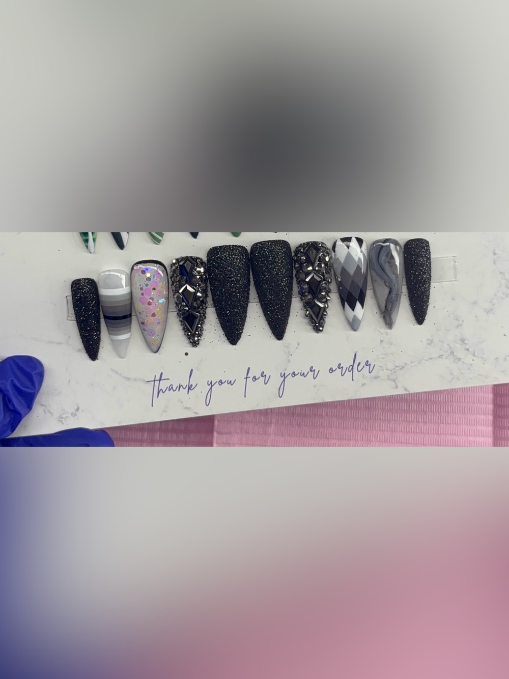 Long stiletto Press on nails black white glitter rhinestones stripes grey Marble